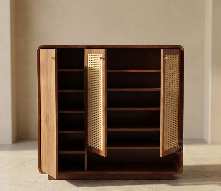 Griva Premium Solid Wood Shoe Cabinet With Cane Detailing (Mango Wood, Teak Finish)