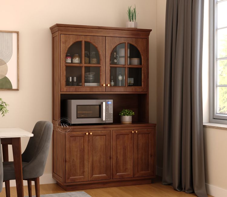 Nivrit Mango Wood Arch Glass Kitchen Cabinet (Teak Finish)