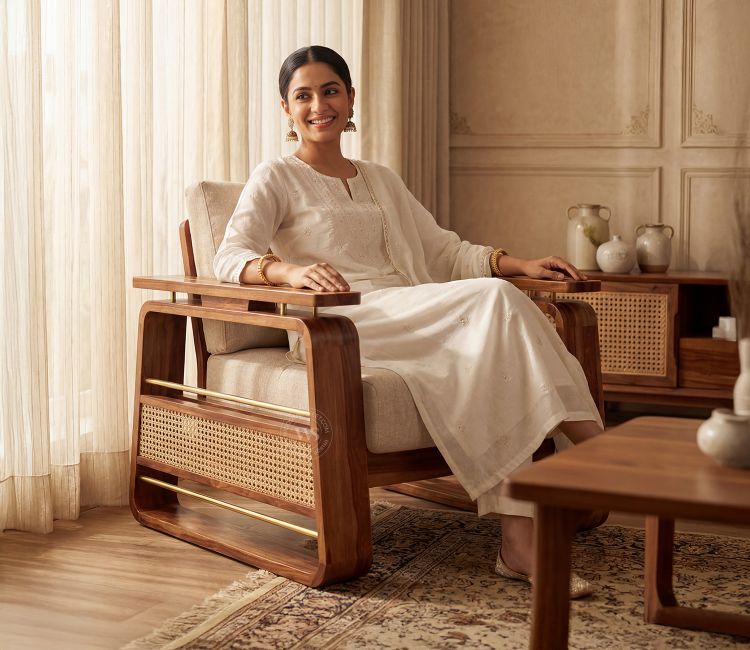 Vedic 1 Seater Sheesham Wood Sofa With Cane and Brass Detailing (Teak Finish, Jade Ivory) buy 3 Seater Velvet Fabric Sofa Set online price