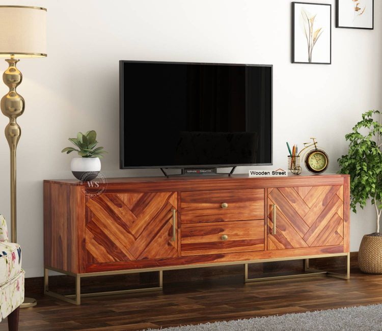 Jett Metal Base Sheesham Wood Tv Unit design with Pull Out Drawer in Honey Finish