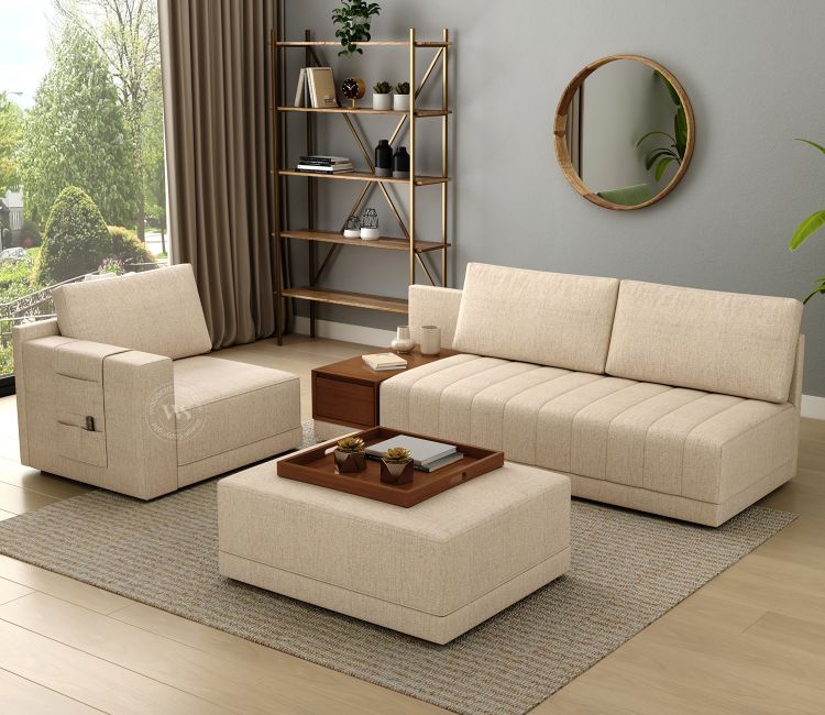 Oasis L-Shape Left Aligned Sectional Sofa (Cotton, Jade Ivory) Buy L Shaped Sofa Bed with Storage | fabric sofa cum bed | sofa bed | latest sofa design