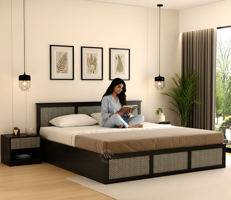 Orren Engineered Wood Bed with Laminated Textured Headboard &amp; Footboard with Box Storage (Queen Size, Trellis Pattern)