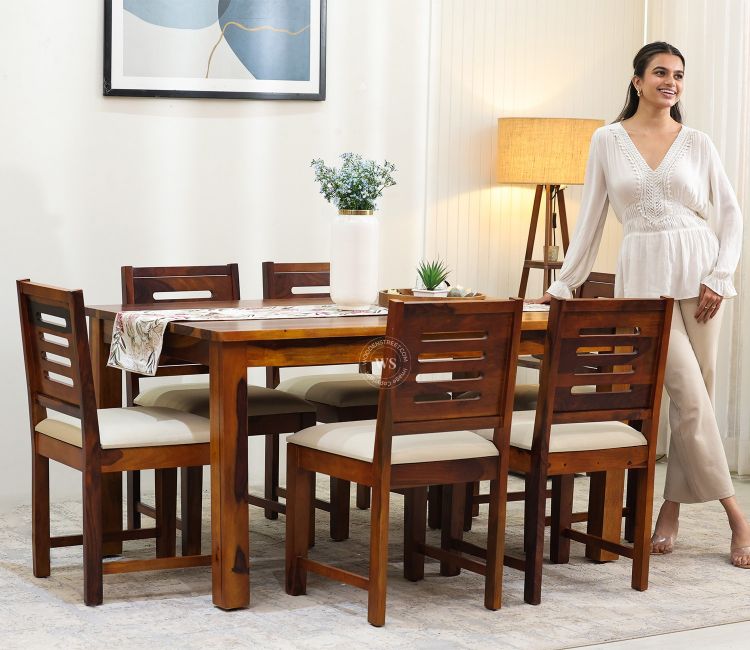 Buy Rectangle Sheesham Wood 6 Seater Dining Set with Cushioned Chair in Honey Finish - Wooden Street