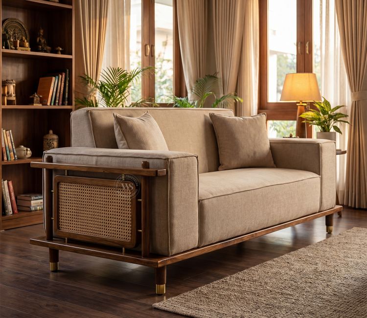 Saket 2 Seater Ash Wood Cane Sofa (Sand Beige) Quartz Wooden Sofa Set (Honey Finish) | sofa models wooden | wooden sofa for living room | new model wooden sofa set | sofa set in wood | sofa cheap price