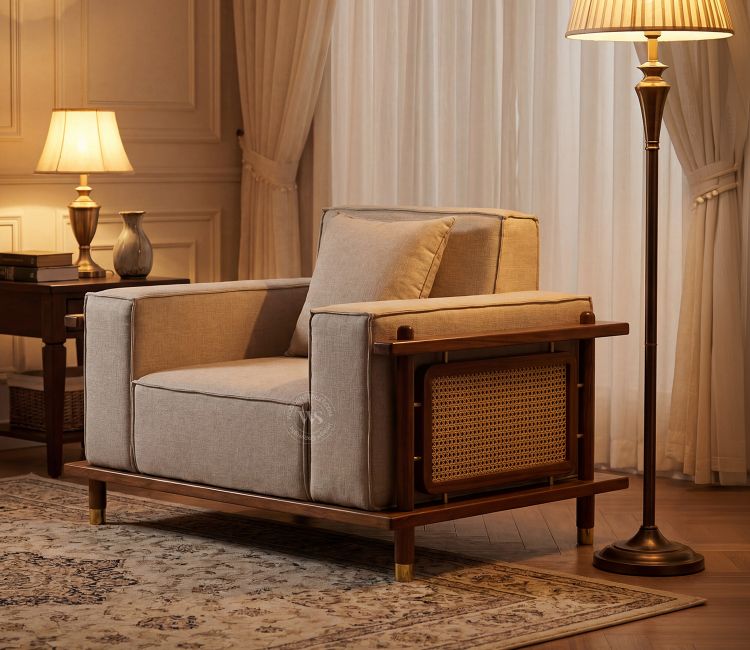 Saket 1 Seater Ash Wood Cane Sofa (Sand Beige) Quartz Wooden Sofa Set (Honey Finish) | sofa models wooden | wooden sofa for living room | new model wooden sofa set | sofa set in wood | sofa cheap price