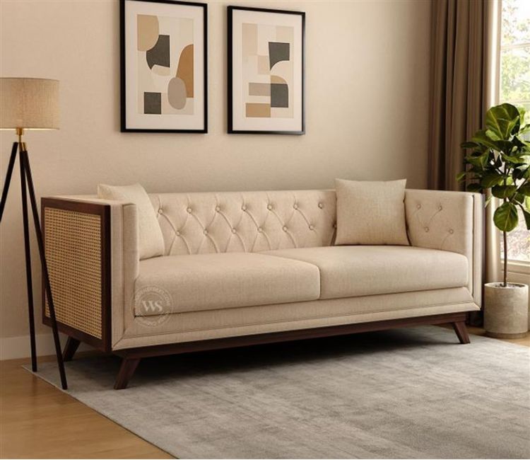 Samvaad 3 Seater Sofa with Cane Accents (Cotton, Jade Ivory) Samvaad 3 Seater Sofa with Cane Accents (Cotton, Jade Ivory)