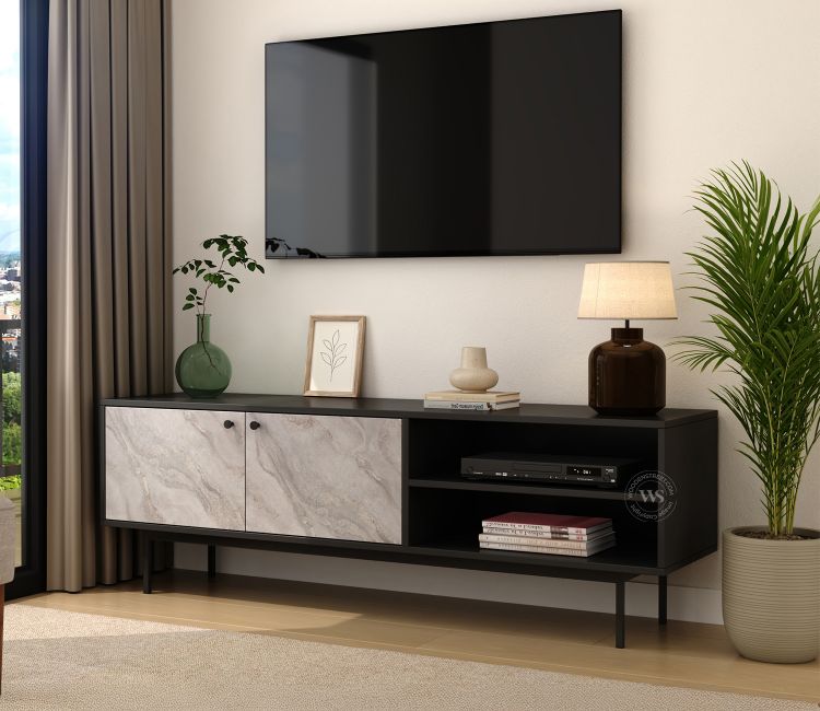 Orbis Black TV Cabinet with Marble Pattern Front