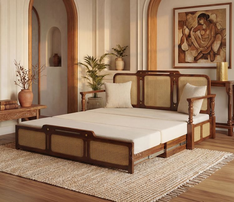 Ayaana Sheesham Wood 3 Seater Sofa Cum Bed with Cane Weaving &amp; Premium Upholstery (Teak Finish, Jade Ivory)