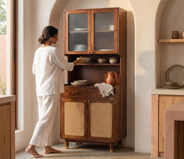 Sanchay Classic Kitchen Cabinet design with Fluted Glass, Cane Weave &amp; Brass Knobs (Teak Finish)
