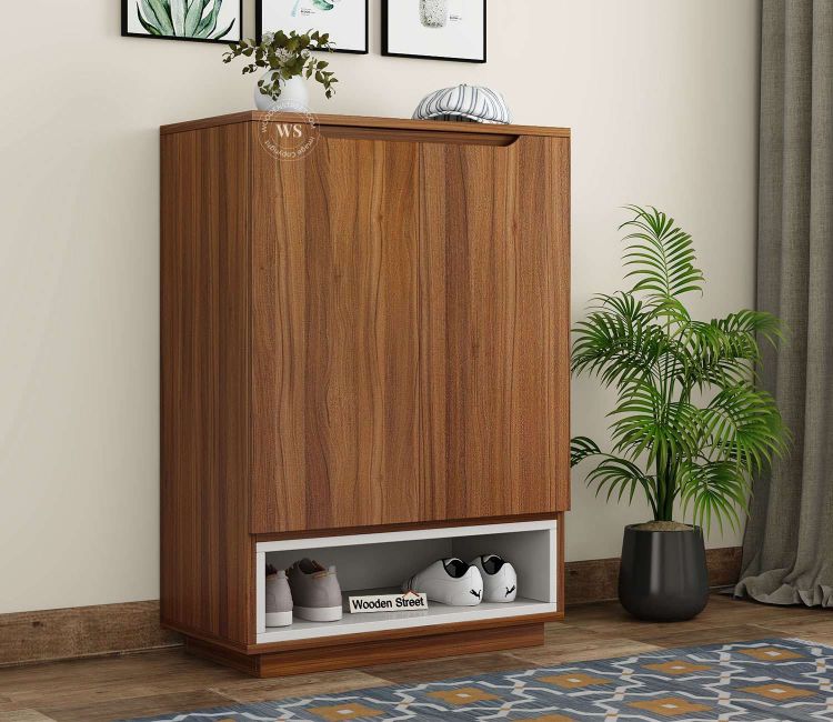 Engineered Wood Shoe Cabinet with Frosty White Drawer in Teak finish With door online