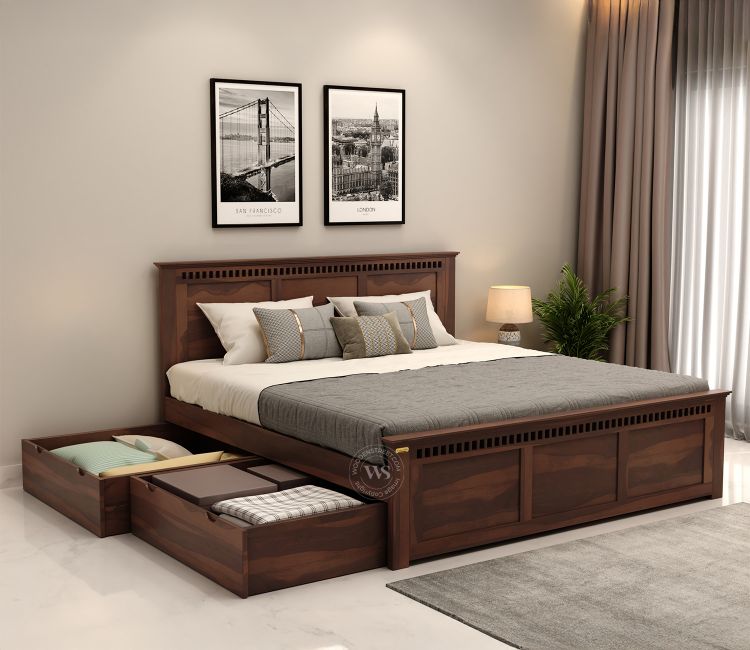 Adolph Sheesham Wood Queen Size Bed With Side Storage (Walnut Finish) Adolph Sheesham Wood Modern Queen Size Double Bed With Side Storage for bedroom