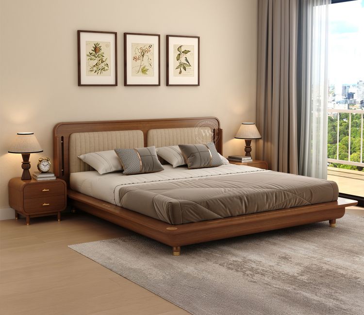 Lotus Premium Ash Wood Bed with Brass Inlay (King Size, Teak Finish) Lotus Premium Ash Wood Bed with Brass Inlay (King Size, Teak Finish)
