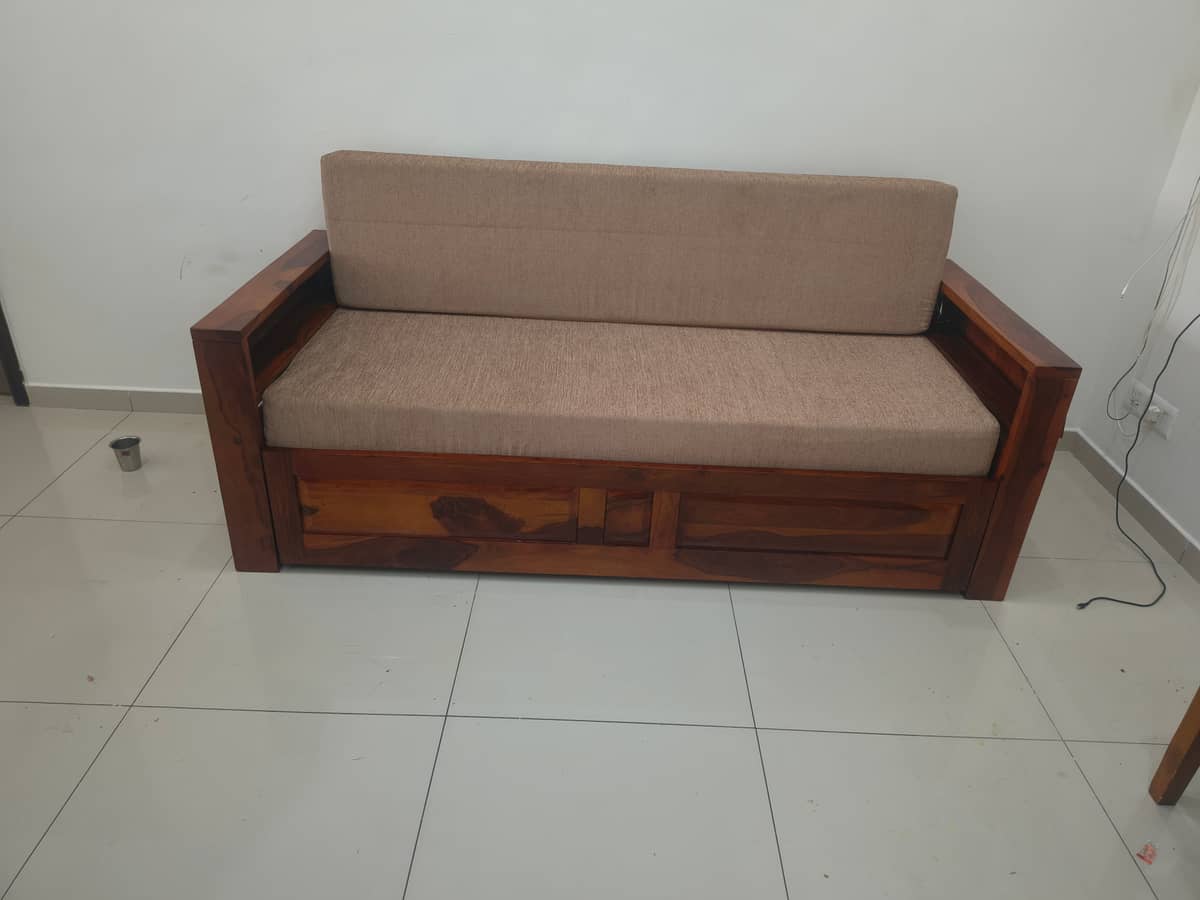 Feltro Sheesham Wood Sofa Bed With Storage (King Size, Honey Beach Cream)