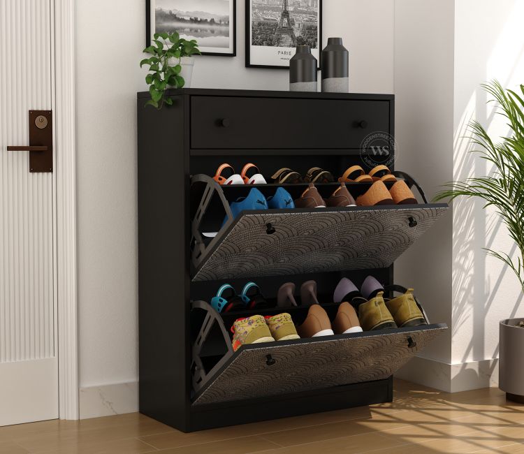 Kazen Engineered Wood Shoe Rack with Tilt Out Mechanism (Scallop Pattern)