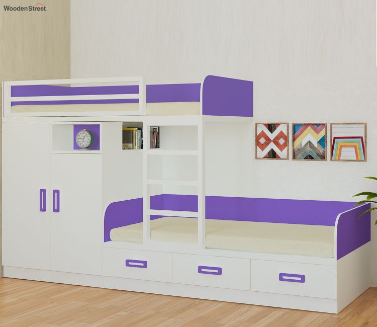 Bunker Bed Design - Eskada Twin Bunk Bed With Left Wardrobe in Purple Colour