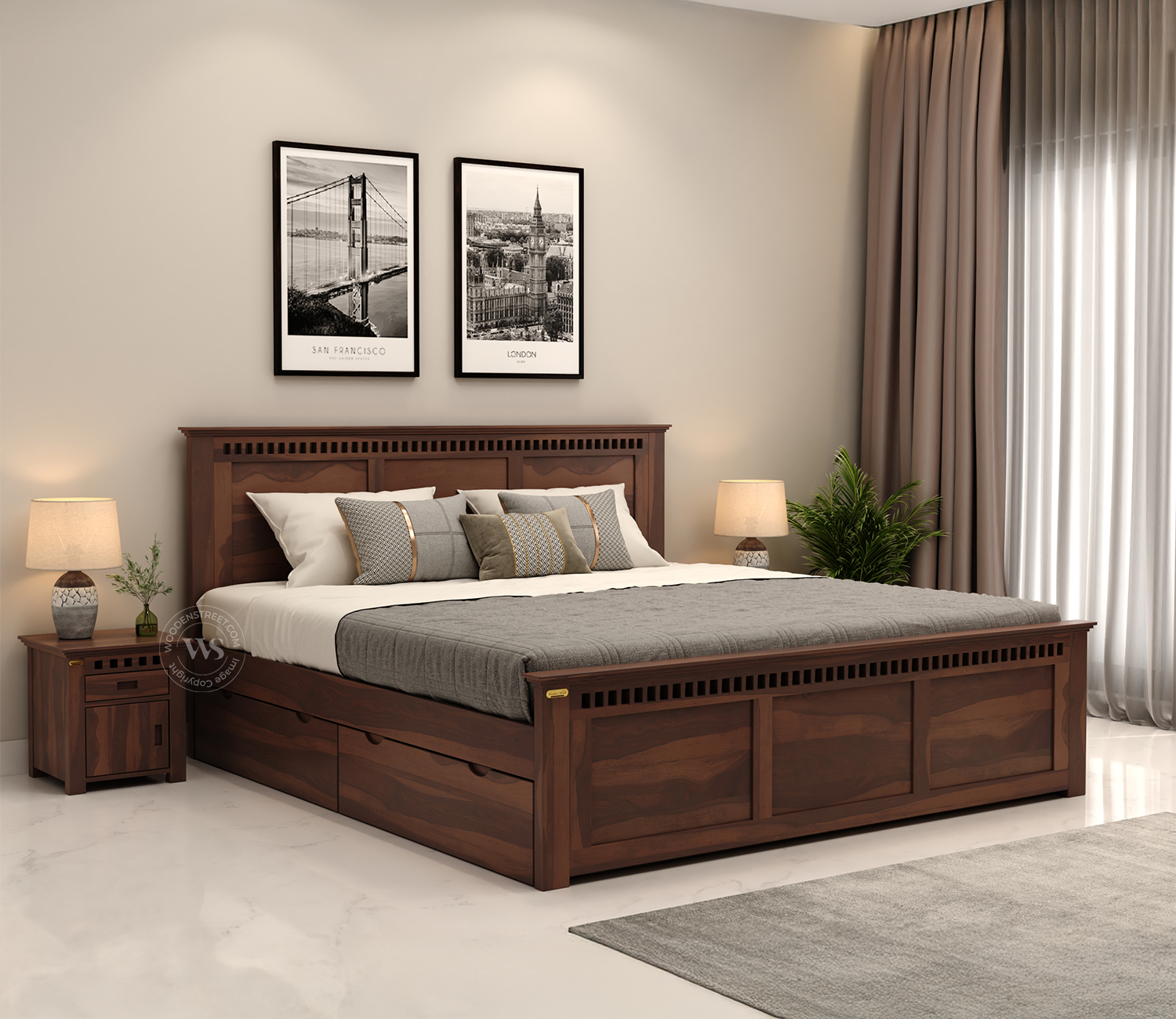 Adolph Sheesham Wood Queen Size Bed With Side Storage (Walnut Finish)