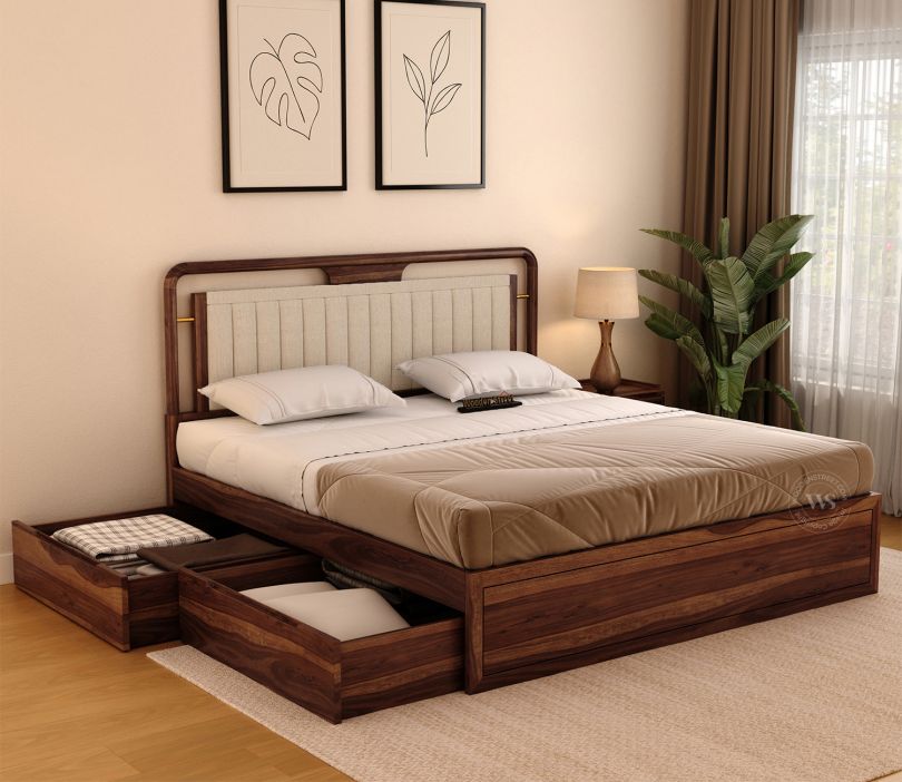 Anvay Sheesham Wood Bed with Upholstered Headboard & Drawer Storage Queen Size, Jade Ivory, Teak Finish