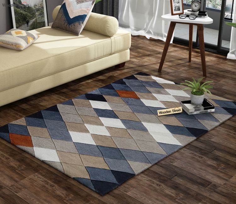 Floor Carpet For Living Room - Rhombus Geometric Pattern Hand Tufted Woolen Carpet - 6 x 4 Feet | bangalore, mumbai, hyderabad, india