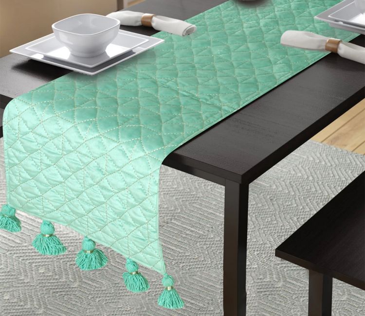 Polyester Quilted Table Runner With Tassels (Green, 72 x 14 Inch) Buy Table linen online at best price