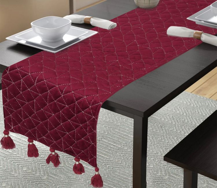 Polyester Quilted Table Runner With Tassels (Maroon, 72 x 14 Inch) Buy Table linen online at best price