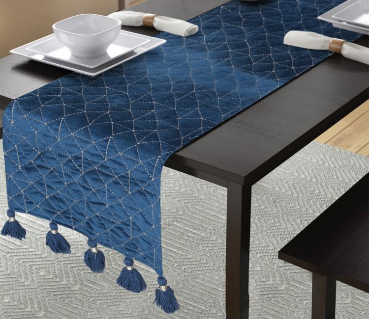Polyester Quilted Table Runner With Tassels (Blue, 72 x 14 Inch) Buy Table linen online at best price