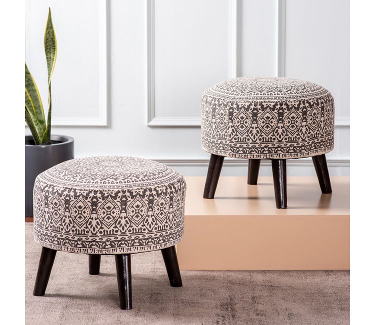 Off-White Printed Cotton Canvas Ottoman - Set of 2