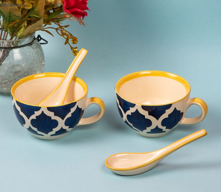 Hand Painted Ceramic Soup Bowl with Spoon (Set of 2, Multicolour) Buy Ceramic Soup Bowls Set with Spoons Online at Low Price | Ceramic Bowls
