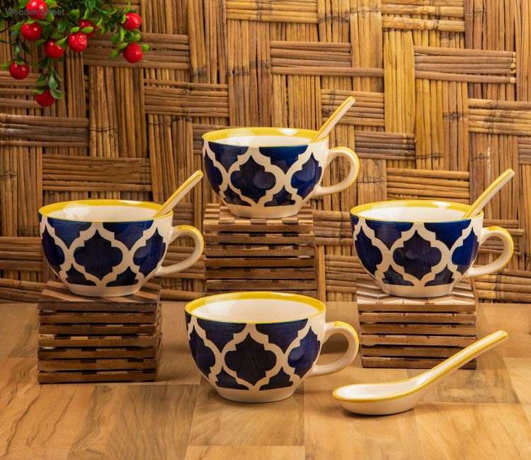 Hand Painted Ceramic Soup Bowl With Spoon and Handles - (Set of 4, Yellow) Buy Ceramic Soup Bowl Set With Spoon Online at Low Price in chennai, delhi & pune
