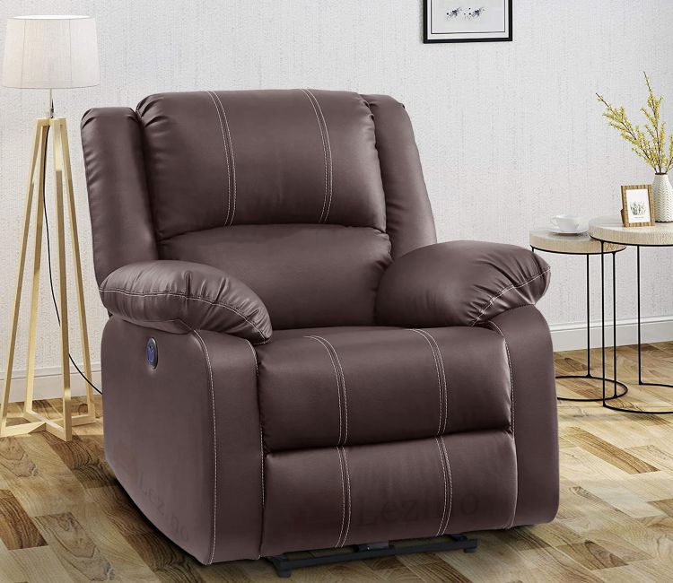 Brolay 1 Seater Faux Leatherette with USB Charging Port Motorized Recliner, Brown Colour