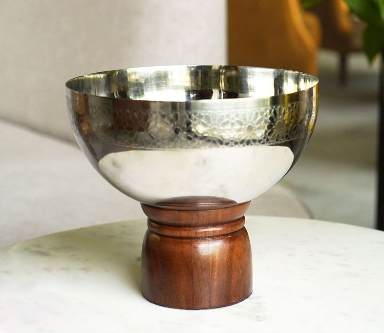 Ranier Metal and Wooden Base Round Bowl (L, Silver) buy serving bowl set online | bowls sets