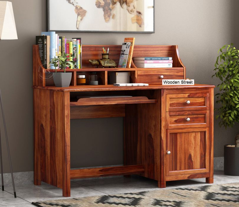 Nettle Study Table with Bookshelf in honey Finish