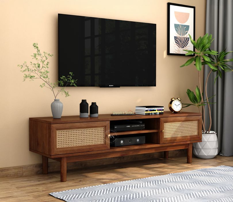 Caneva Premium Solid Wood TV Unit With Door Cabinets, Open Shlefs (Mango Wood, Teak Finish)