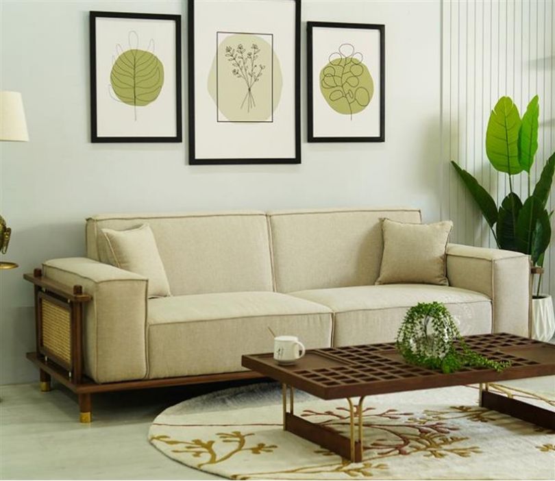 Saket 3 Seater Ash Wood Cane Sofa (Sand Beige)