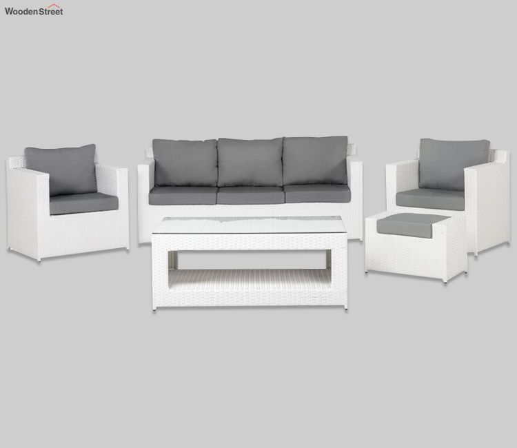 White 6 Seater Outdoor Furniture Set With Grey Cushions Outdoor Sofa Set | patio wicker furniture online at best prices in India