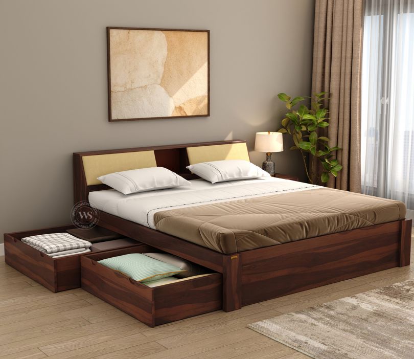 Walken Sheesham Wood Bed with Full Drawer Storage (Queen Size, Walnut Finish)